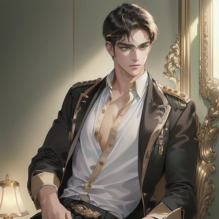 (best quality, masterpiece, 8 thousand, realistic, cinematic lighting, 1:4 HDR images, very detailed, beautiful photoature man, very handsome, ((cold expression)), black short hair, green eyes, A perfect face without any mistakes, ((Buttoning loose clothes)), (detail gold accessories on clothes)