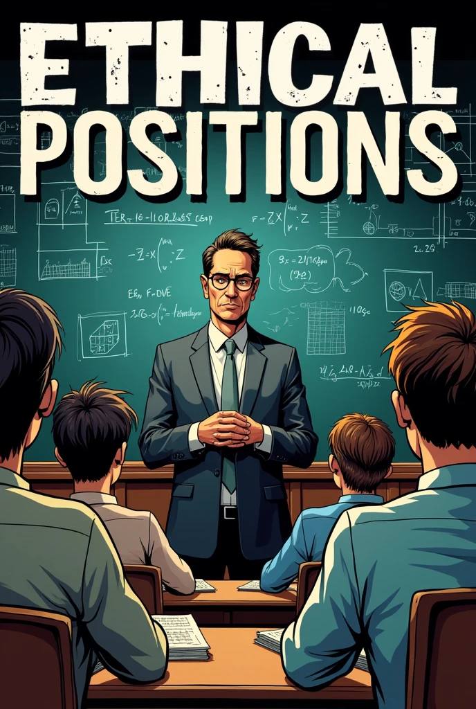 Create a comic book cover that deals with the topic : ethical positions and values but have a teacher at a blackboard and some students with the topic in large letters above