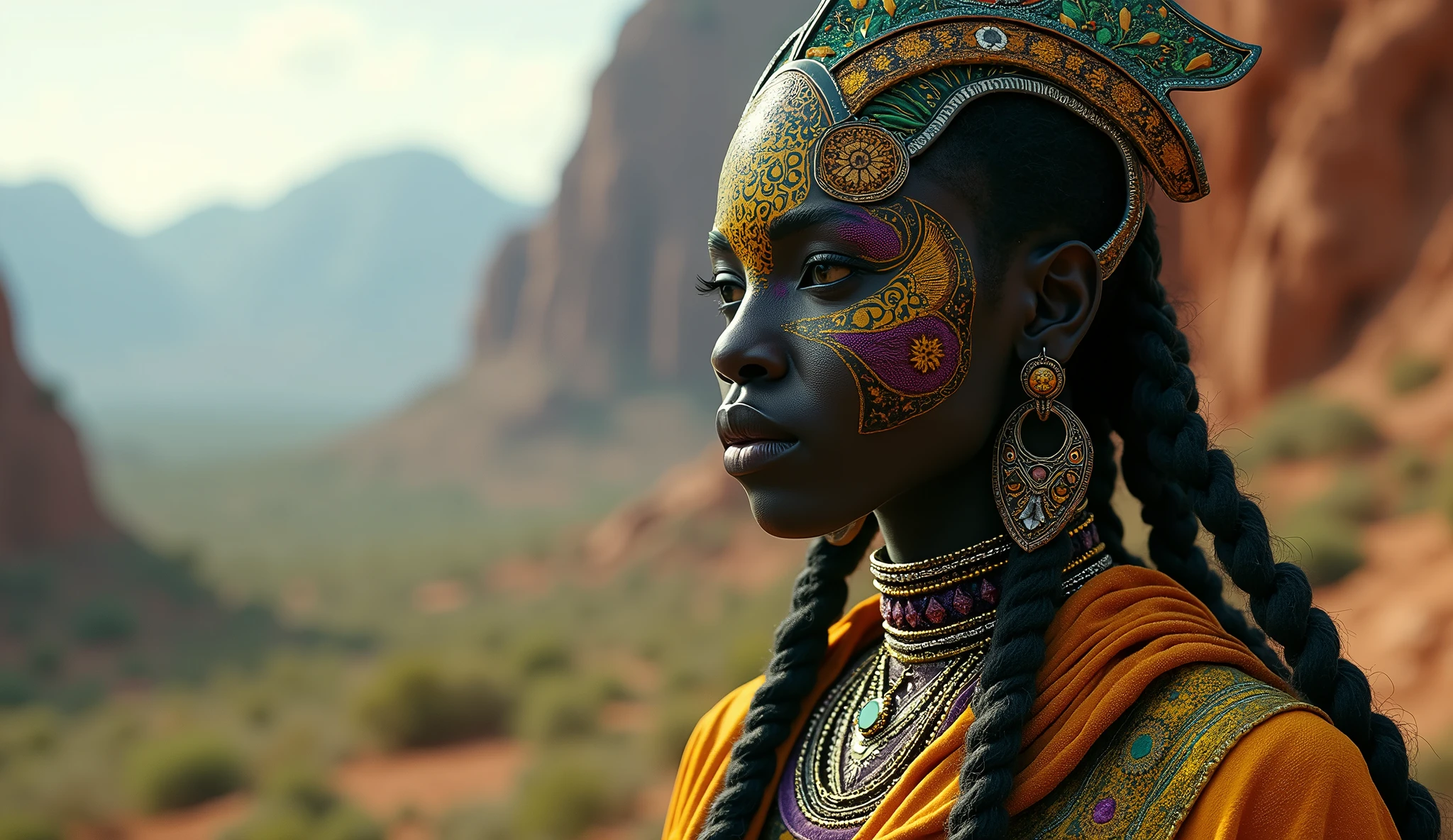 South Africa as an african League of Legend Godess creature, mixed six colors in black, dark green, yellow, orange, purple and white colors. Intricated clothing. Cinematic Fantasy sci-fi landscape background