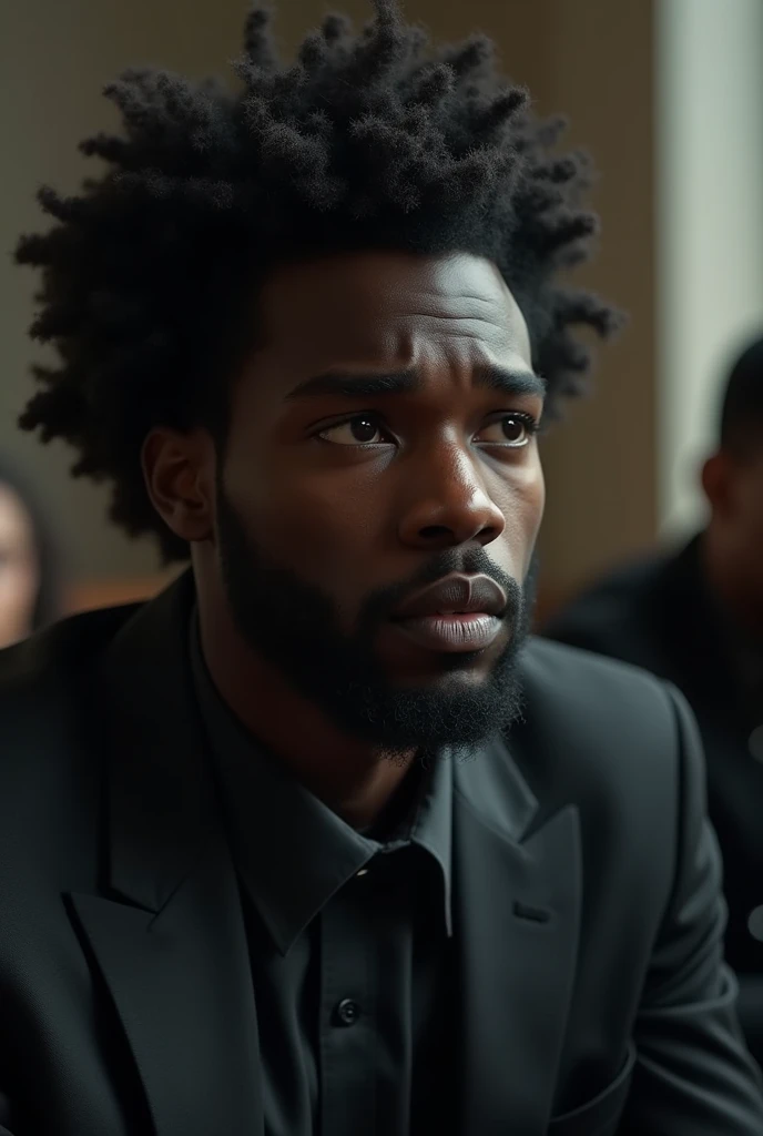young black man with a medium beard at a funeral with a sad expression