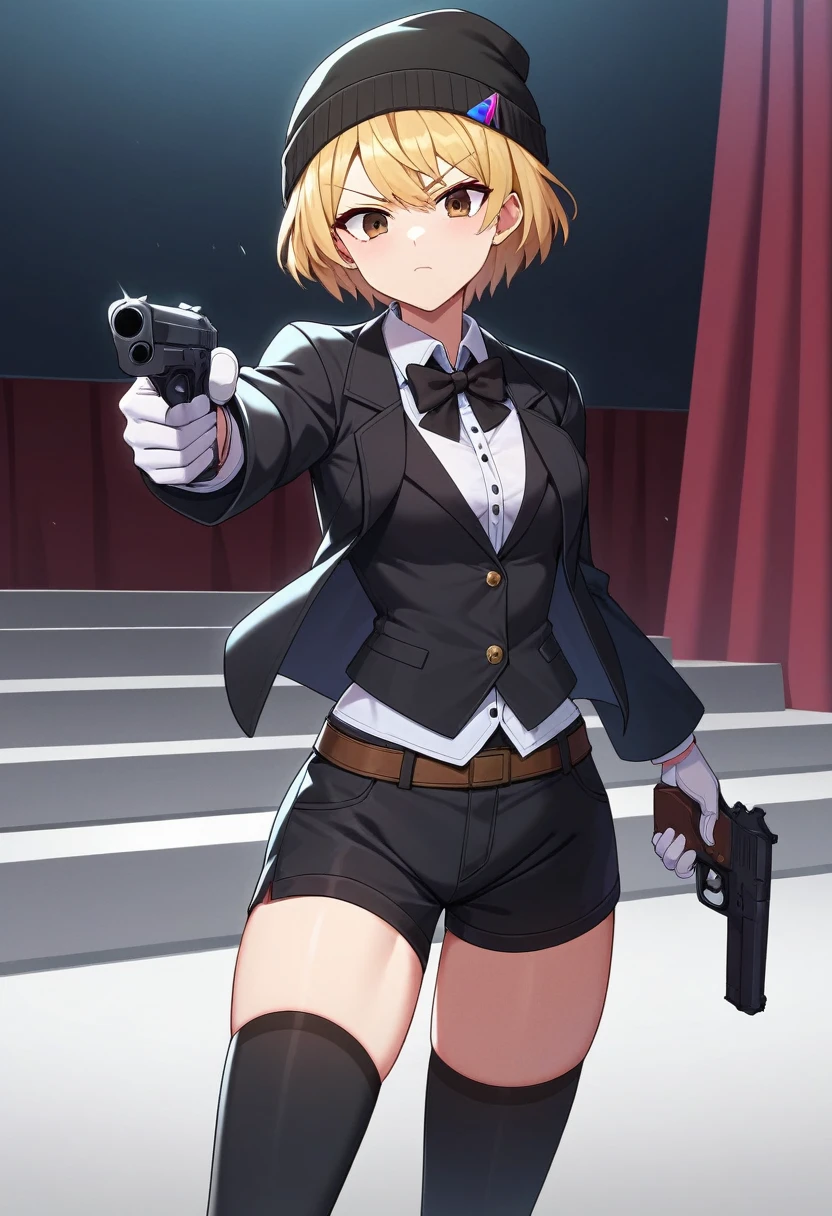 1girl, short blonde hair, brown eyes, wearing a white shirt with a black bow tie, thigh high socks, black shorts, wearing a black jacket, wearing a black vest under the jacket, wearing a black beanie hat, wearing white gloves, theater stage, absurdres, high res, 8K, masterpiece, looking at viewer, holding a hand gun, pointing gun at viewer, fight, intense