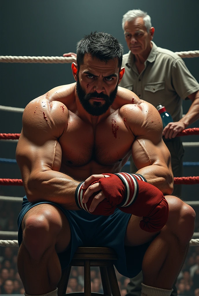 A muscular resting in a boxing ring after a round of an intense boxing match. He is exhausted, sitting on a stool in his corner with his body leaning back, his arms draped over the ropes of the boxing ring as he rests. He is catching his breath, sweat dripping down his face and body. His muscular arms and torso are glistening with sweat, showing his well-defined muscles and veins. He has short dark hair and a rugged appearance, with a few bruises and cuts on his face. In the background, his coach, a man in his late 50s with a concerned expression, is standing behind him, holding a water bottle and a towel. The ropes of the boxing ring and a few blurred spectators are visible in the background, creating a dynamic and tense atmosphere.