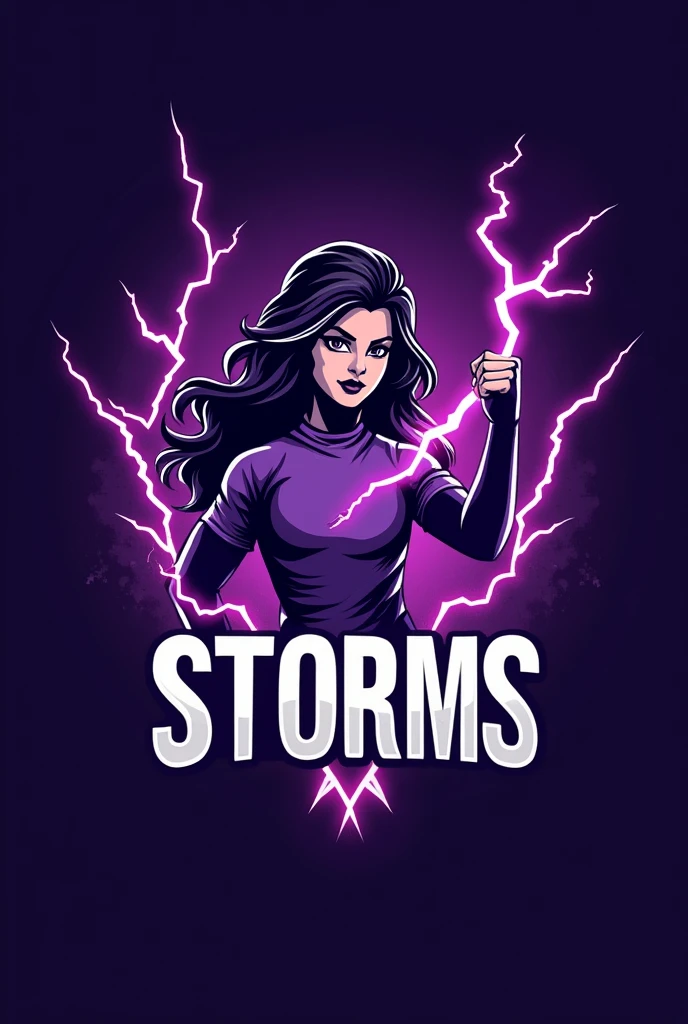 Uma logo de um time de volei feminino com o nome storms 💜 com a temática roxa uns raios roxos e uma mão segurando o raio