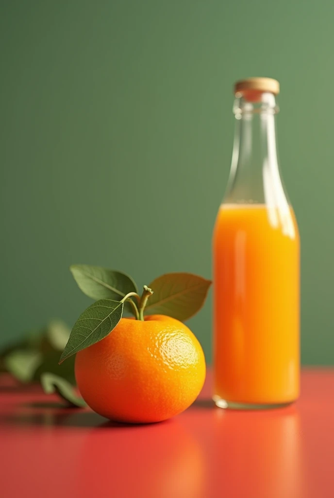 A still life of a tangerine and a bottle of juice behind the tangerine, with a green wall in the background, on a red table , that looks like a family home