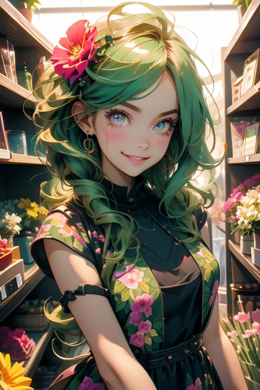 Perfect face. Perfect hands. A green haired woman with pink eyes with an hourglass figure in a floral dress is smiling while selecting flowers in a floral shop