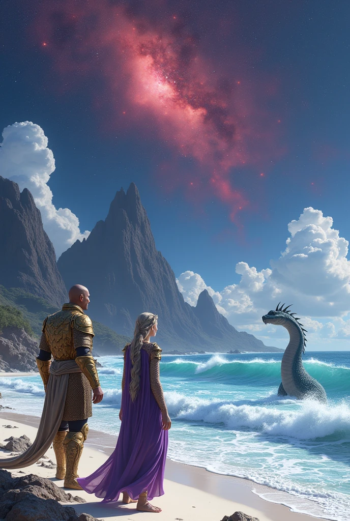 Female reptilian in purple robe, your partner in golden scales armor, observe the waves of the sea where there is a sea creature with a long neck. White sand beach and very tall dark pointed mountains.
The starry sky with a red nebula.