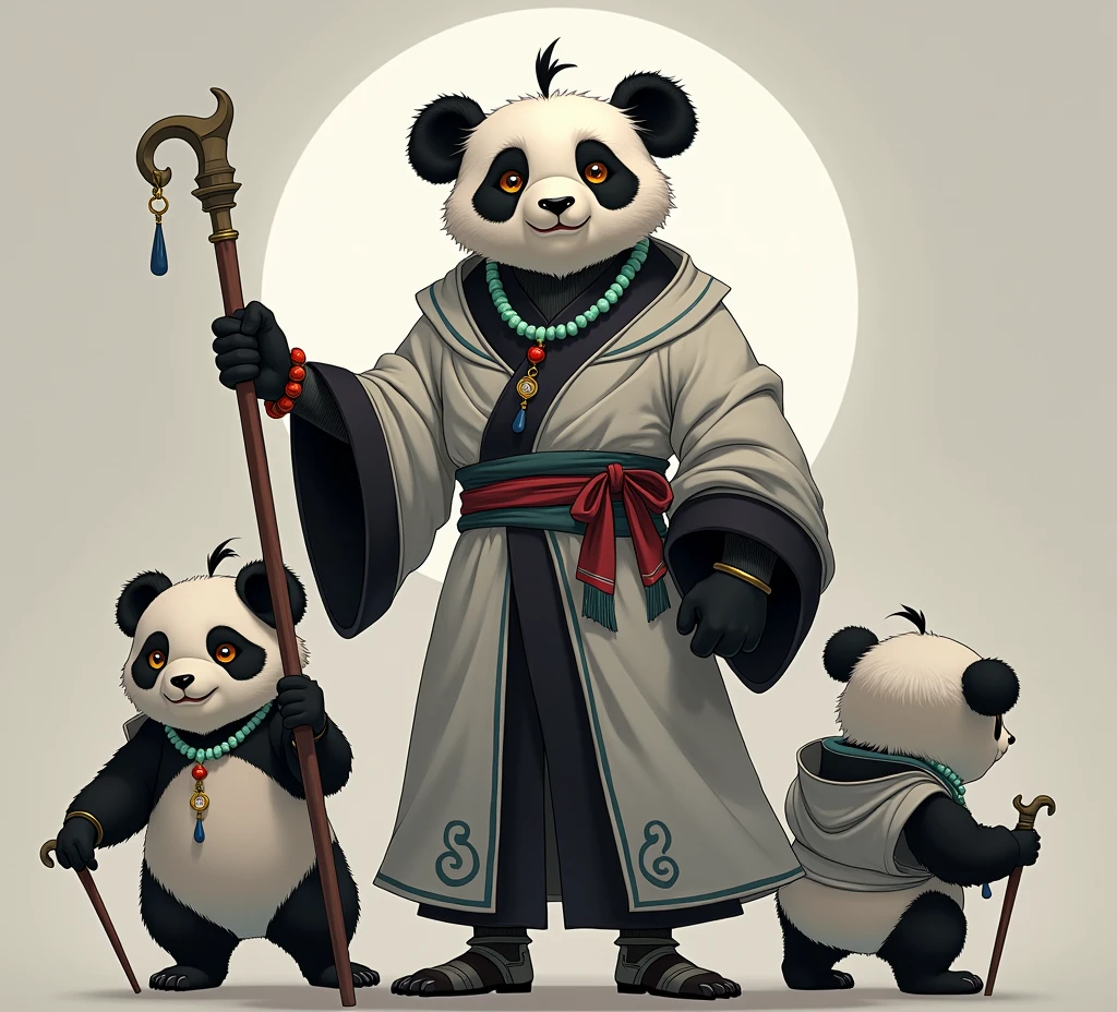 (masterpiece, top quality, best quality, official art,beautiful and aesthetic:1.2),(4k,8k, best quality,masterpiece:1.2),(((white background))), solo,Game character, the panda person, a game character inspired by pandas, wearing a black and white robe, adorned with a jade bead necklace and bracelet, viewed from multiple angles including back view and side view, holding a cane. The structure is clear and accurate, with a modern realistic representation and consistent lighting that looks natural and believable.