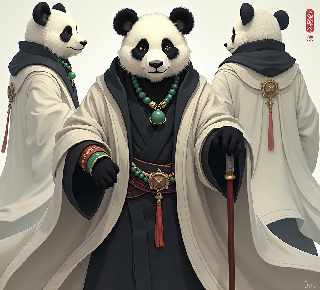 (masterpiece, top quality, best quality, official art,beautiful and aesthetic:1.2),(4k,8k, best quality,masterpiece:1.2),(((white background))), solo,Game character, the panda person, a game character inspired by pandas, wearing a black and white robe, adorned with a jade bead necklace and bracelet, viewed from multiple angles including back view and side view, holding a cane. The structure is clear and accurate, with a modern realistic representation and consistent lighting that looks natural and believable.