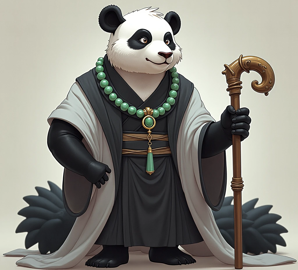 (masterpiece, top quality, best quality, official art,beautiful and aesthetic:1.2),(4k,8k, best quality,masterpiece:1.2),(((white background))), solo,Game character, the panda person, a game character inspired by pandas, wearing a black and white robe, adorned with a jade bead necklace and bracelet, viewed from multiple angles including back view and side view, holding a cane. The structure is clear and accurate, with a modern realistic representation and consistent lighting that looks natural and believable.