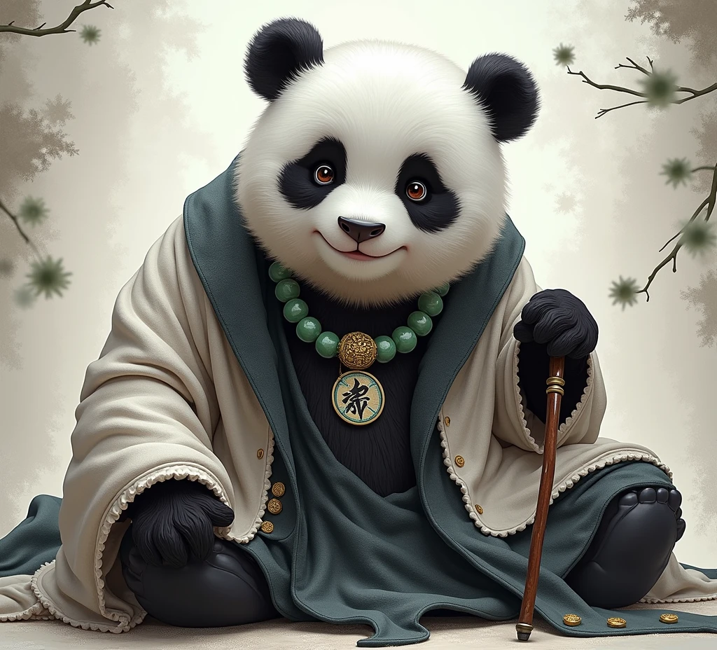 (masterpiece, top quality, best quality, official art,beautiful and aesthetic:1.2),(4k,8k, best quality,masterpiece:1.2),(((white background))), solo,Game character, the panda person, a game character inspired by pandas, wearing a black and white robe, adorned with a jade bead necklace and bracelet, viewed from multiple angles including back view and side view, holding a cane. The structure is clear and accurate, with a modern realistic representation and consistent lighting that looks natural and believable.