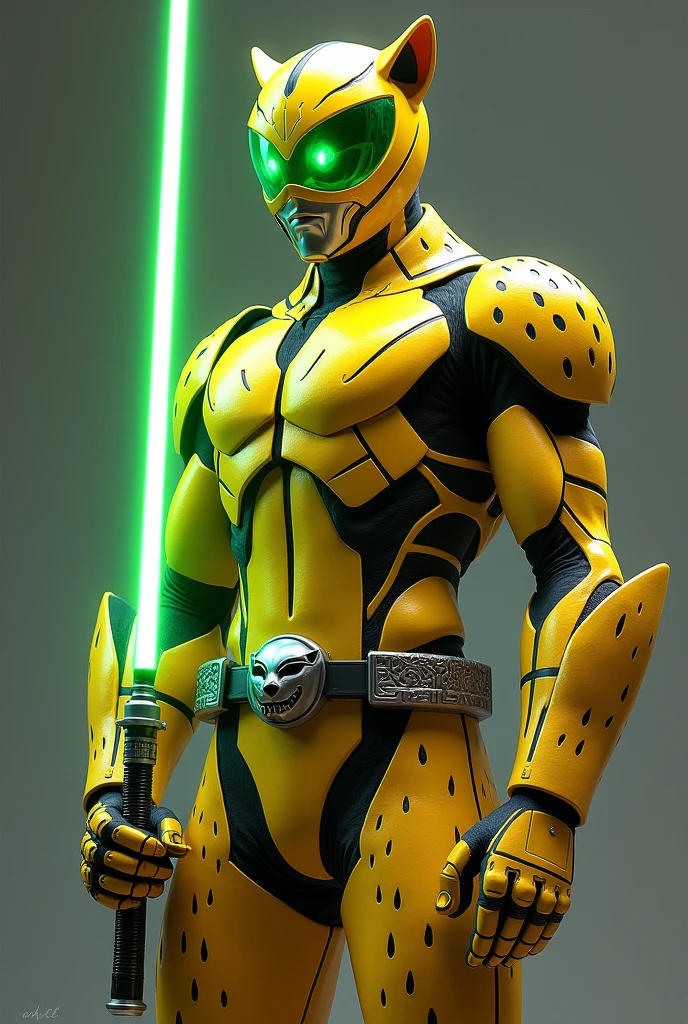 Kamen Rider in yellow armor with a cheetah motif with green eyes, black spots, Luke's green lightsaber from Star Wars Episode 6 & a transformation belt with a cheetah head buckle.