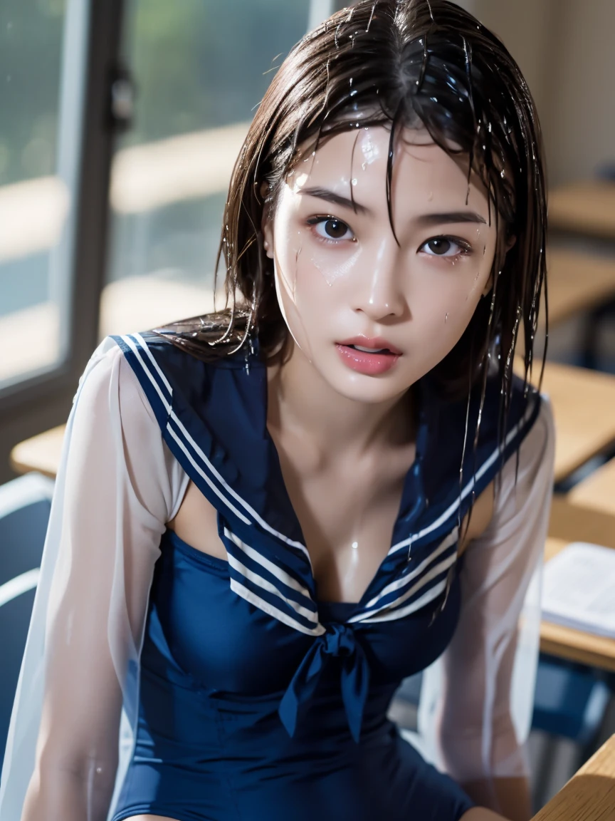 masterpiece:1.2, Very detailed, Ultra-high resolution, Realistic, photo Realistic:1.6, High-resolution RAW color photos, Professional photos, Sharp focus:1.2, Very detailed顔と肌の質感, Very beautiful eyes, Glossのある肌, Glowing Skin, Glowing Skin, Shining Face, Gloss, Oily skin, greasy face, Oily skin, greasy face,, real Glossのある肌 texture, Perfect Anatomy, Very detailed背景,(High school classroom at night),1 female,25-year-old woman, Japanese women,height: 168cm,short hair, Straight hair, bangs, Brown Hair,((Flat Chest:1.6、Cleavage:1.1)),Slender legs, ((Navy blue strapless one-piece swimsuit)),(((Wet and sheer sailor suit:1.5))),Earrings,(Sit on a desk)