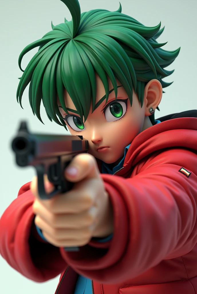 3d anime boy aiming with a gun, with green hair and red jacket