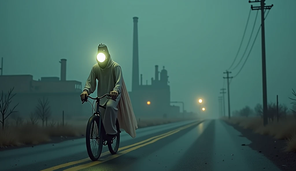 Top quality, masterpiece, deserted road background, riding a bicycle, wearing a pastel colored long cloth, a creature with a light bulb as a head, detailed image texture, eerie, horror, creepy atmosphere (not AI image), dark night, foggy, factories nearby
