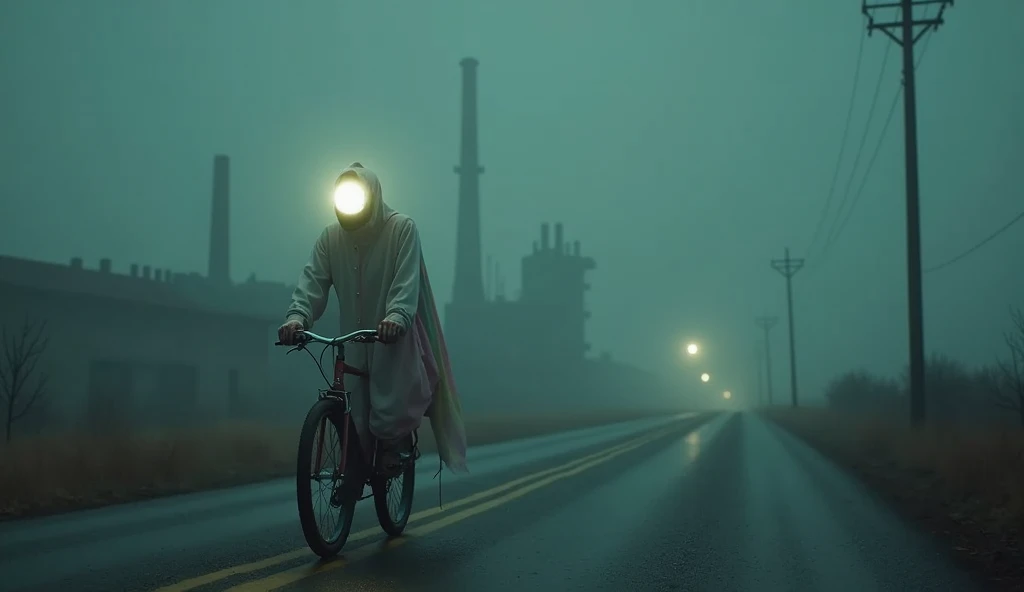 Top quality, masterpiece, deserted road background, riding a bicycle, wearing a pastel colored long cloth, a creature with a light bulb as a head, detailed image texture, eerie, horror, creepy atmosphere (not AI image), dark night, foggy, factories nearby