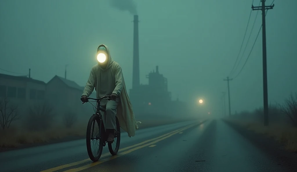 Top quality, masterpiece, deserted road background, riding a bicycle, wearing a pastel colored long cloth, a creature with a light bulb as a head, detailed image texture, eerie, horror, creepy atmosphere (not AI image), dark night, foggy, factories nearby