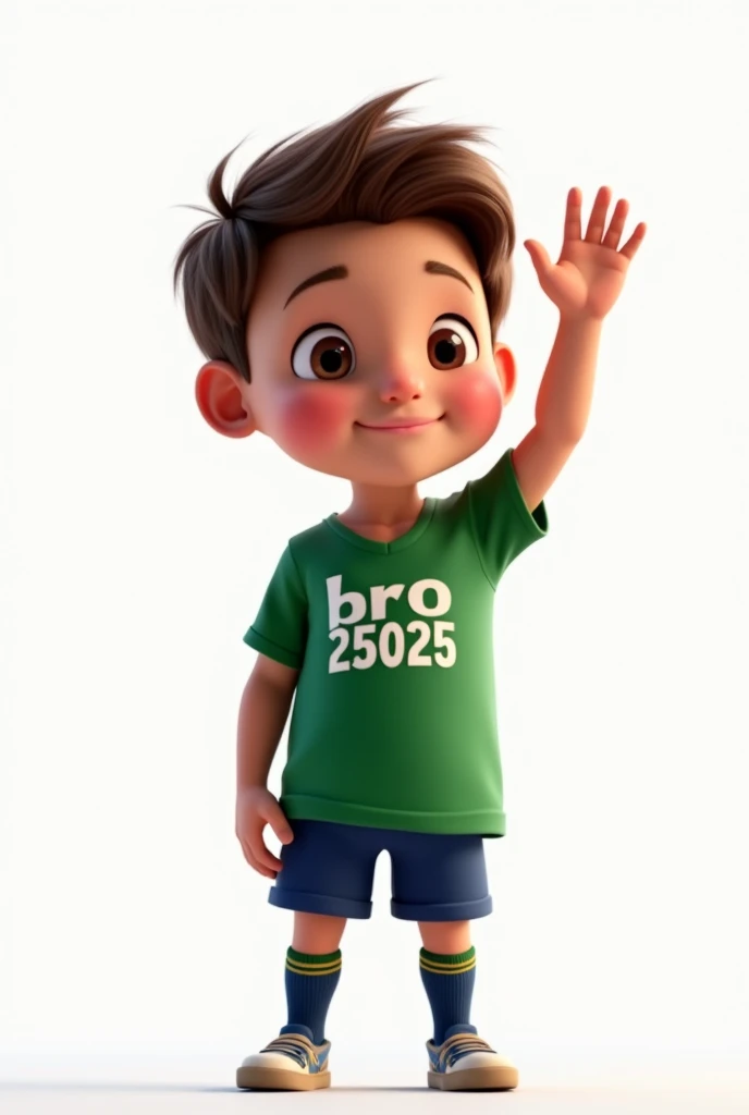 a character waving his right hand, giving a hyper-realistic goodbye, 1 boy, small detailed black eyes, beautiful big lips, extremely detailed face, large and conical chin, brown hair, green t-shirt with the name BRO and below the name BRO the number 25025 printed, blue pants, knee-high socks, football player style, intricate details, volumetric lighting, dramatic chiaroscuro, cinematic lighting, award-winning digital art, masterpiece, high quality, 8k, photorealistic, studio lighting, physically based rendering, vibrant colors, warm color palette, pixar style, Disney. white background
