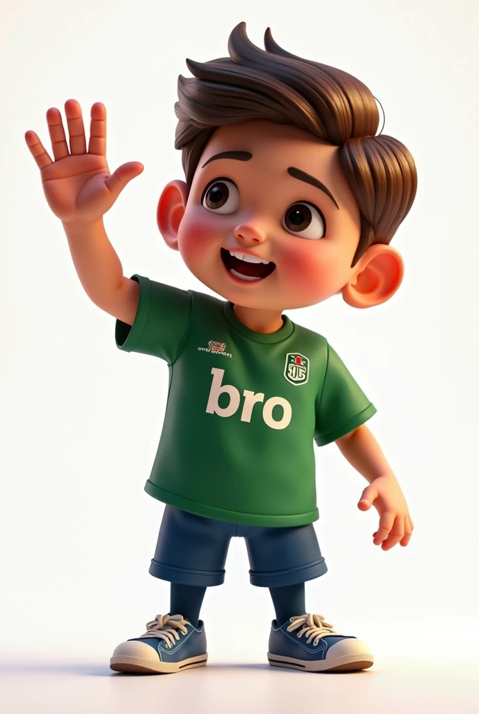 a character waving his right hand, giving a hyper-realistic goodbye, 1 boy, small detailed black eyes, beautiful big lips, extremely detailed face, large and conical chin, brown hair, green t-shirt with the name BRO and below the name BRO the number 25025 printed, blue pants, knee-high socks, football player style, intricate details, volumetric lighting, dramatic chiaroscuro, cinematic lighting, award-winning digital art, masterpiece, high quality, 8k, photorealistic, studio lighting, physically based rendering, vibrant colors, warm color palette, pixar style, Disney. white background
