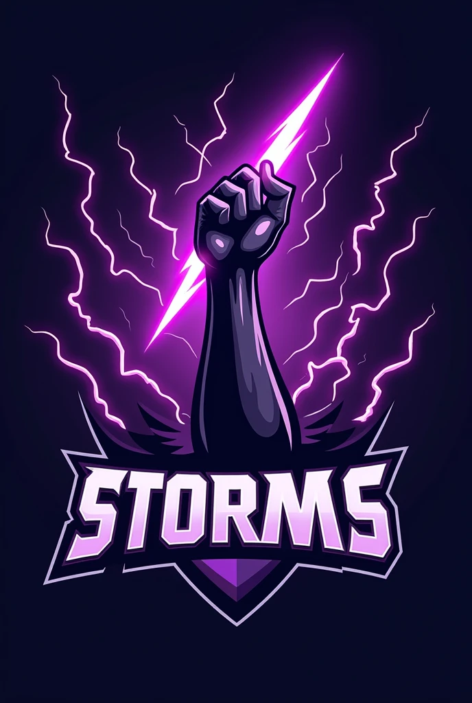 Uma logo de um time de volei feminino com o nome storms 💜 com a temática roxa uns raios roxos e uma mão segurando o raio mais feminino