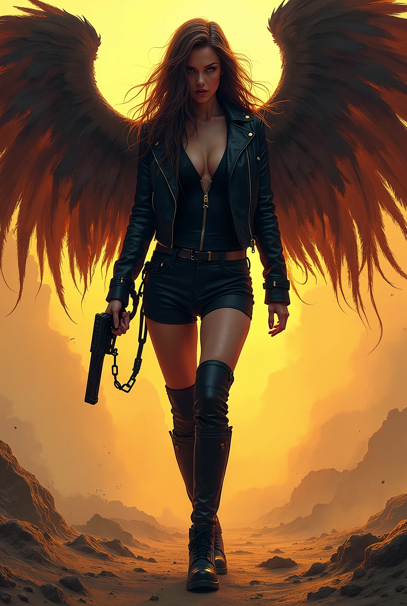 plano general, whole body, Pay attention rebel angel big black wings black leather jacket:1.4, The eyes, dark and torn, ((only 1 dark and malevolent woman from the underworld evil smile, squinted eyes:1.3)), body-hugging leather clothing black leather jacket,beautiful muscular body, fierce expression, holding a gun, (colors in your clothes, warm, orange, yellow, violet: 1.3), standing in a desolate field, dramatic lighting, intense shadows, sandy texture , high contrast, vibrant colors, dynamic pose, powerful posture, rough background, explosive atmosphere, dystopian theme, surreal elements, digitally painted illustration, high definition resolution, intricate details, dramatic composition, avant-garde and chaotic brushstrokes, Gothic style, intense emotions, Scale epic, raw and gritty feeling, Captivating and provocative works of art....breeches_v1c