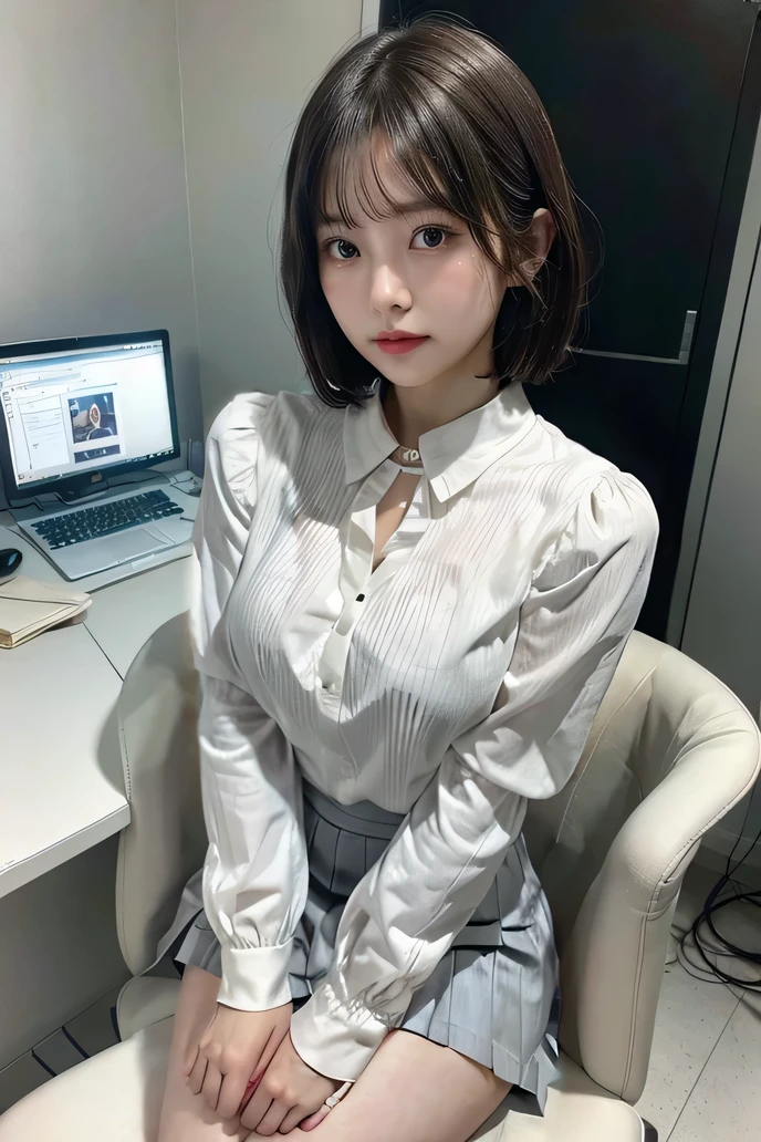 She is wearing a white blouse with long sleeves and a collar、wearing a gray pleated skirt、Beautiful legs、Sitting、Short Hair、Big Breasts