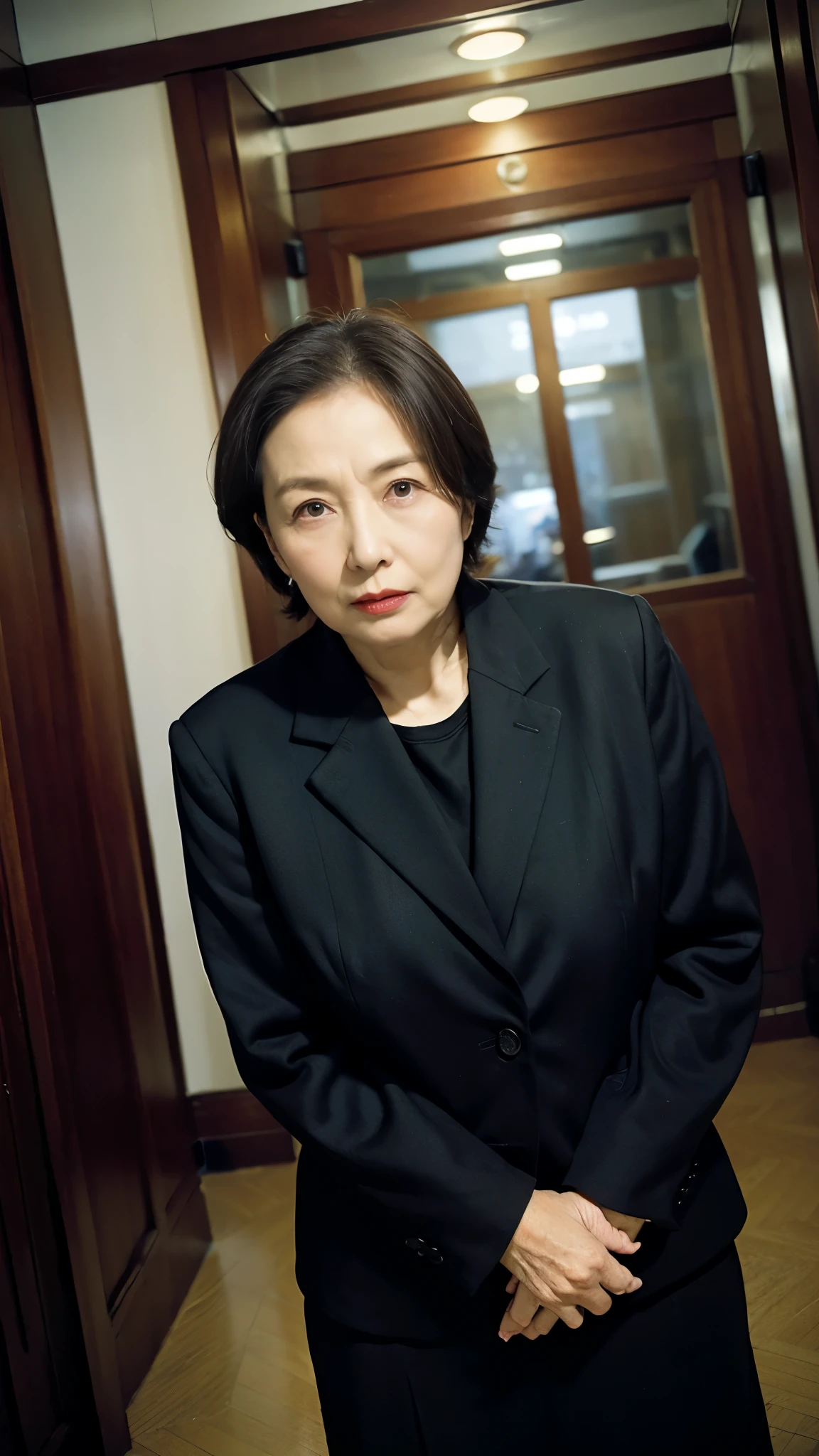 masterpiece, ((Depth of written boundary)), 32K, Beautiful finish, Medium Shot, Dutch Angle, Beautiful mature woman, 65-year-old woman, Photo of your ID, Business operator, director, View from the front, A look of resignation, Cool look, Red lips, Thin lips, suit, Tight Skirt, Light from the front,