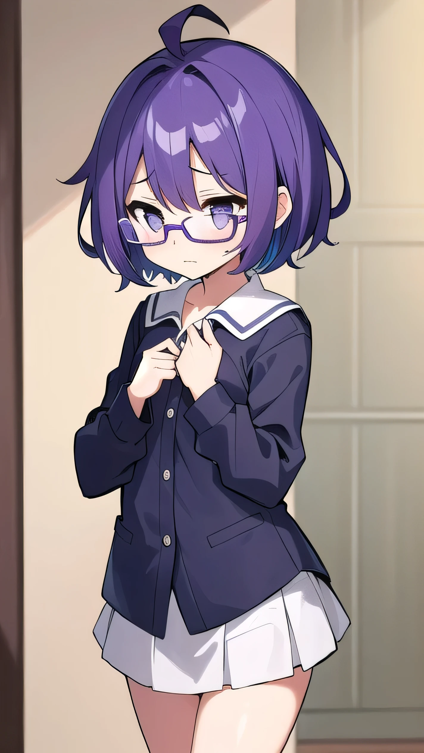 (Purple hair:1.4), gray eyes, white , navy blue miniskirt, , short, short long hair, kind expression, shy, , almost no breasts, slightly exposed. hair,(flipped hair ), flipped hair, long sleeves, ahoge, girl alone, flipped hair, flipped hair, flipped hair, flipped hair, glasses with no edges, embarrassed, flat chest,beautiful eyes
