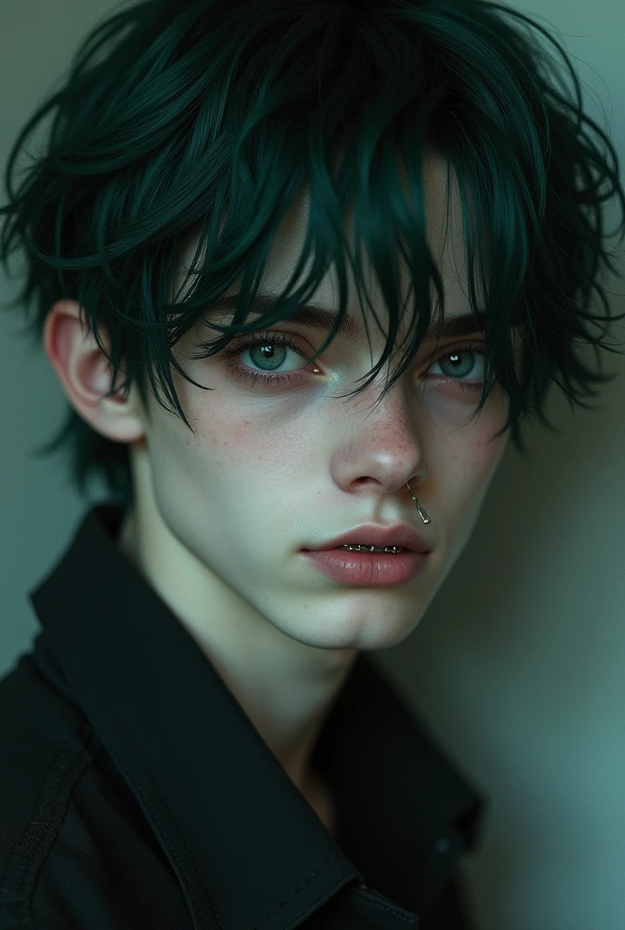 male, pale skin, dark green emo hair, dark blue eyes, button nose, braces