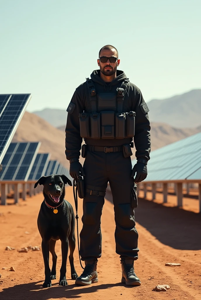 man 1.80 tall working in a desert location as a security guard wearing black tactical clothing coming out from behind with mass texture solar panels in front of him and a tactical dog