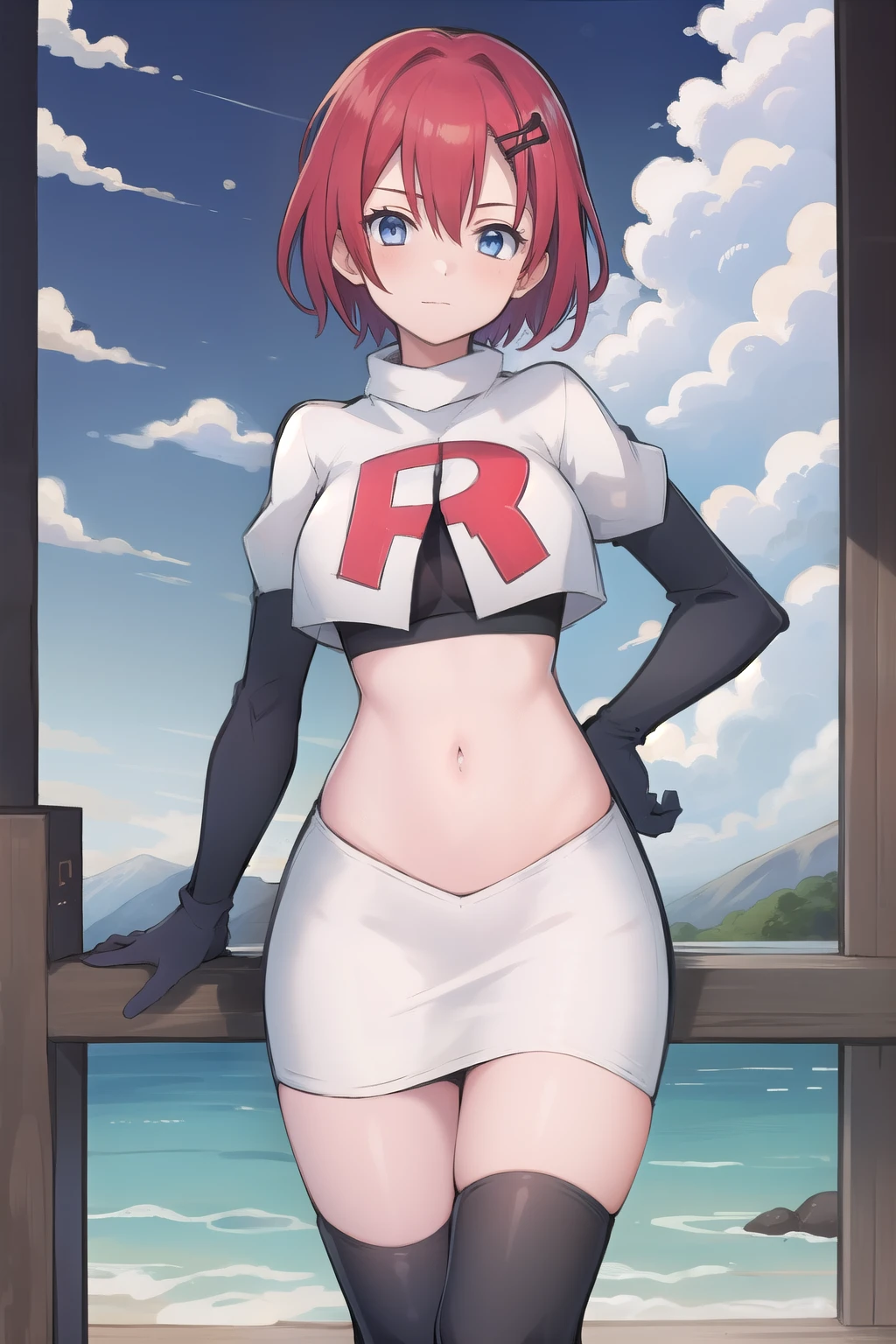 best quality, (masterpiece:1.2), illustration, absurdres, (1girl, solo, beautiful detailed girl),
Emily, short hair, red hair, hair ornament, hairclip, blue eyes, medium breasts,
garrison cap, team rocket,team rocket uniform,white skirt,red letter R,crop top,black thigh-highs,black elbow gloves,
field, sky, clouds, distant mountains,
looking at viewer, 