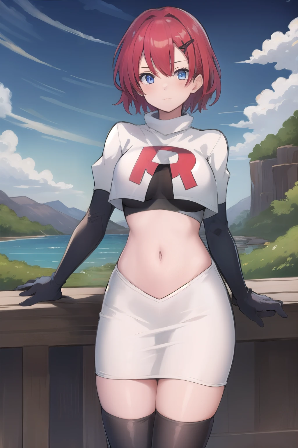 best quality, (masterpiece:1.2), illustration, absurdres, (1girl, solo, beautiful detailed girl),
Emily, short hair, red hair, hair ornament, hairclip, blue eyes, medium breasts,
garrison cap, team rocket,team rocket uniform,white skirt,red letter R,crop top,black thigh-highs,black elbow gloves,
field, sky, clouds, distant mountains,
looking at viewer, 