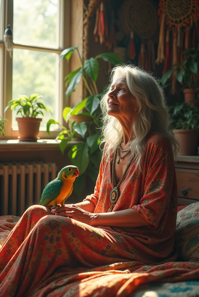 67 year old bohemian and hippie woman waking up from her night in her room with the sun coming in her window and with her chameleon and her parrot