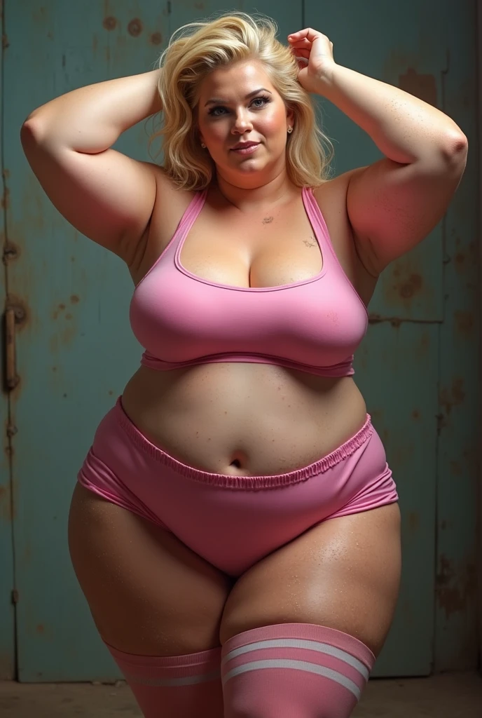 A hot american woman, pretty american woman, long legs, wavy messy blonde hair, (plump body, sagging breasts, braless), ((wearing pink bikini)), white stilettos, pushes chest, seductive look, attractive, full body, front view, at professional photo studio, white backdrop background, dynamic light, dynamic angle, perspective, candid, curvy body, plump body, huge big ass, thick body, curvy body type, voluptuous body type, busty body type, thick body type, big chest, big