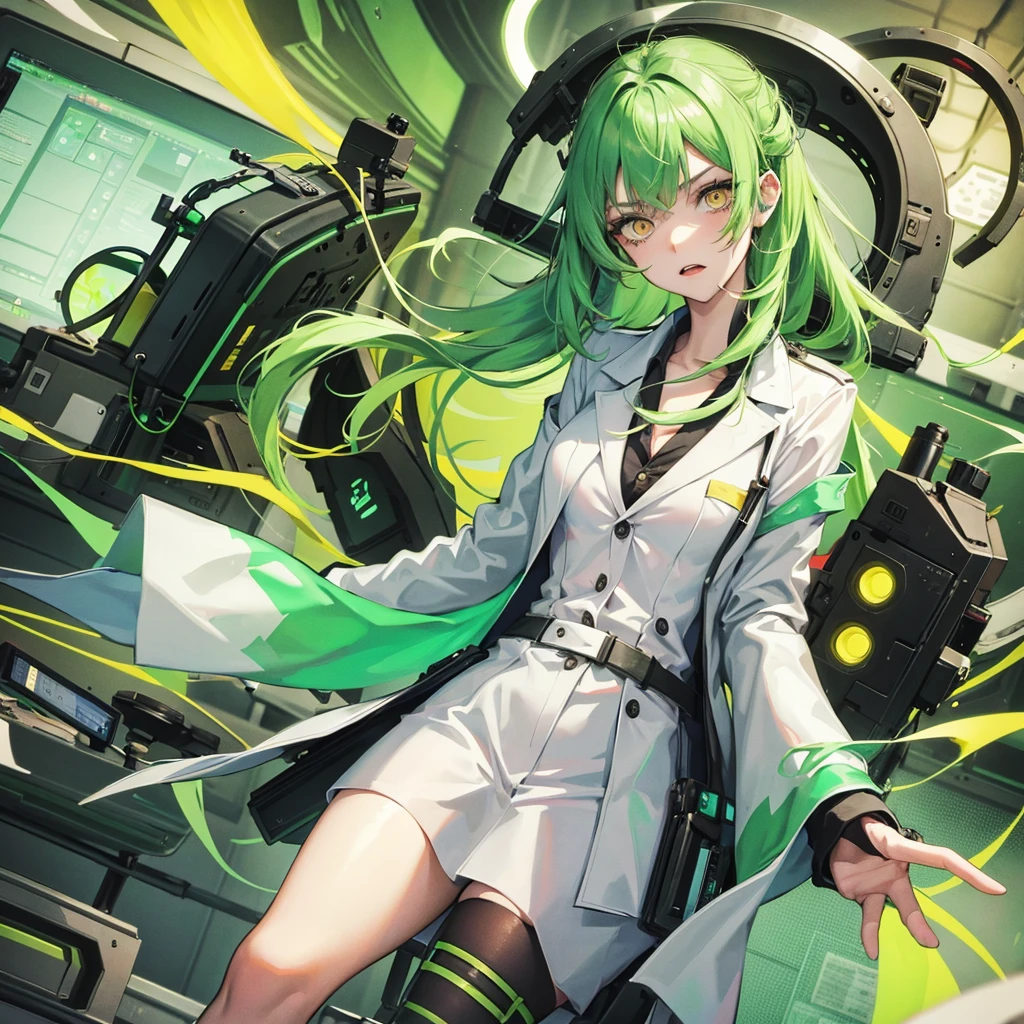 Girl with green hair and yellow eyes, with scientist clothes and a pessimistic expression, being in a laboratory