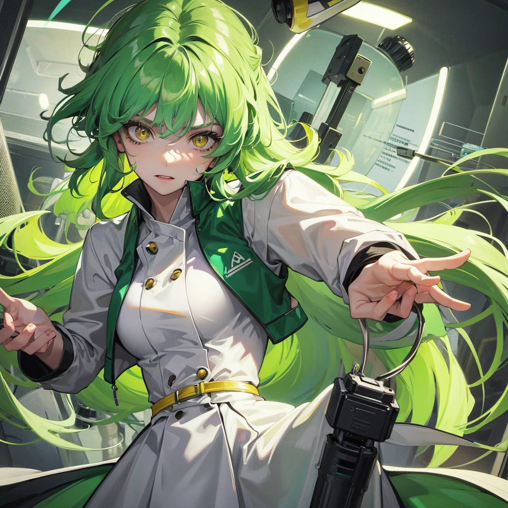 Girl with green hair and yellow eyes, with scientist clothes and a pessimistic expression, being in a laboratory 