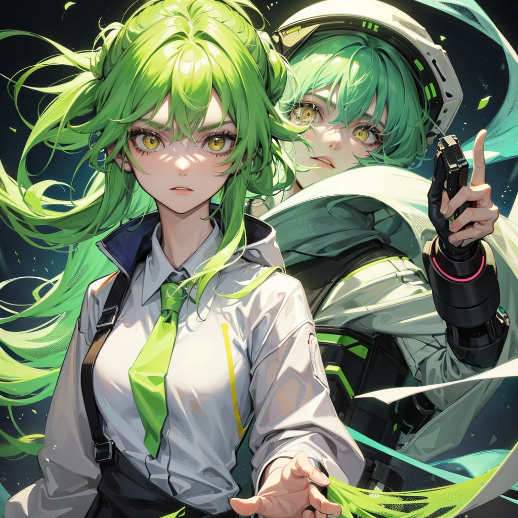 Girl with green hair and yellow eyes, with scientist clothes and a pessimistic expression, being in a laboratory