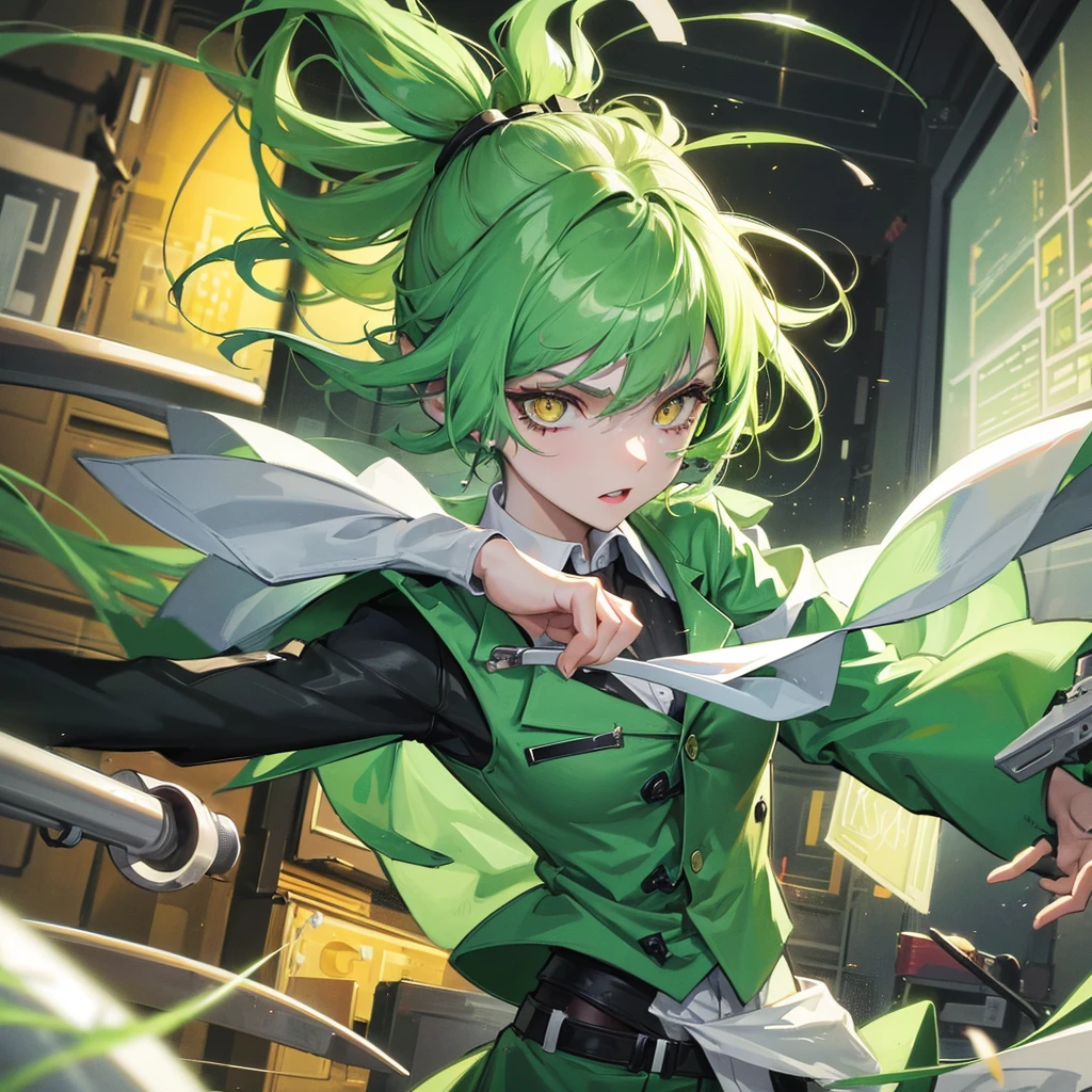 Girl with green hair and yellow eyes, with scientist clothes and a pessimistic expression, being in a laboratory