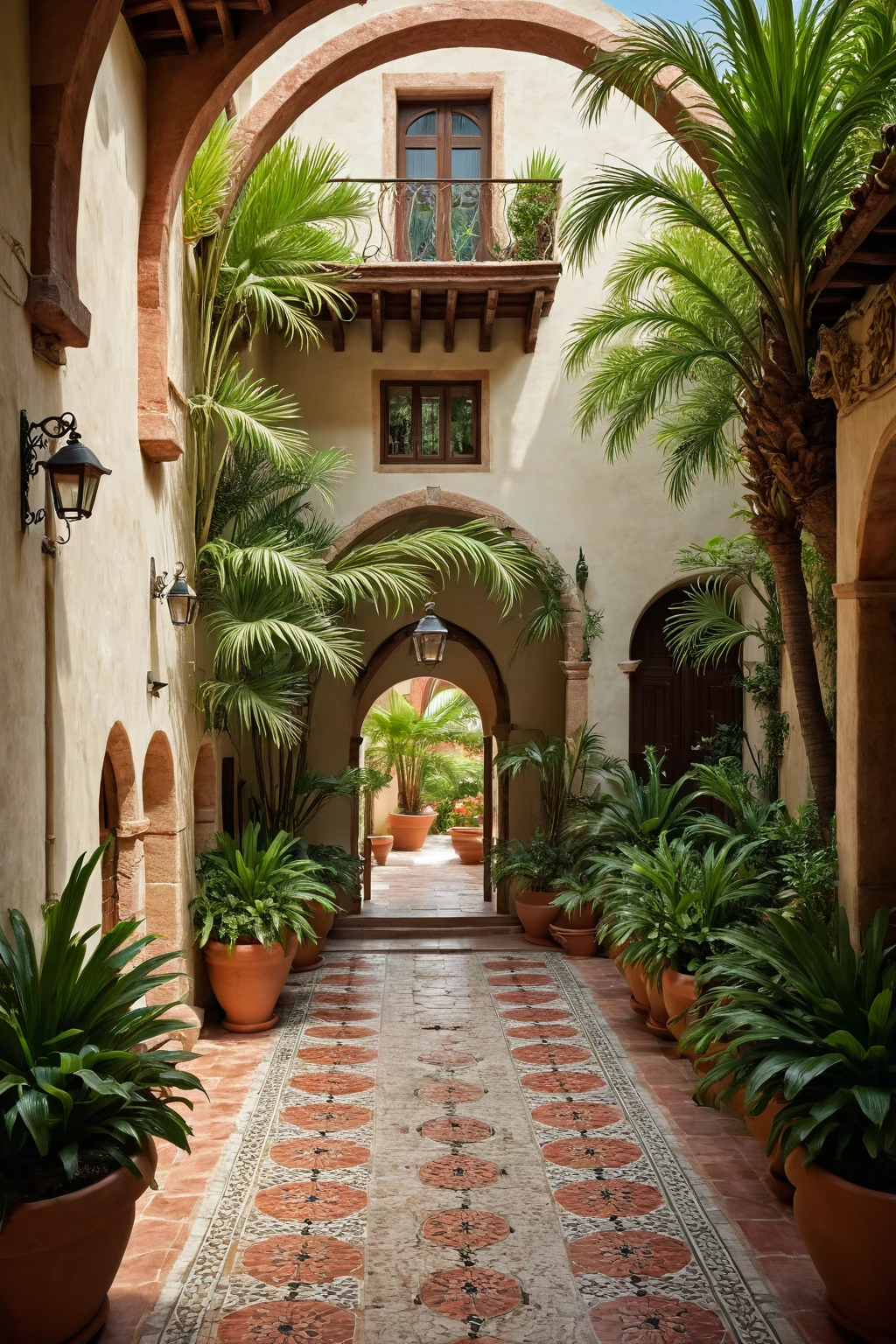 The image depicts a Mediterranean-style villa courtyard with arched doorways and windows framed by wooden beams. The pathway is adorned with patterned tiles, bordered by lush green plants and pink flowers. Tall palm trees in the background add to the tropical ambiance. Large clay pots with leafy plants are placed along the walkway, enhancing the serene and inviting atmosphere.