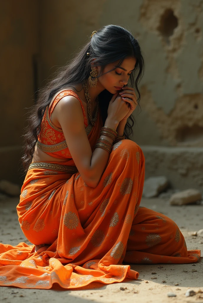 An Indian lady in saree is bending over and posing for a photo on the ground.