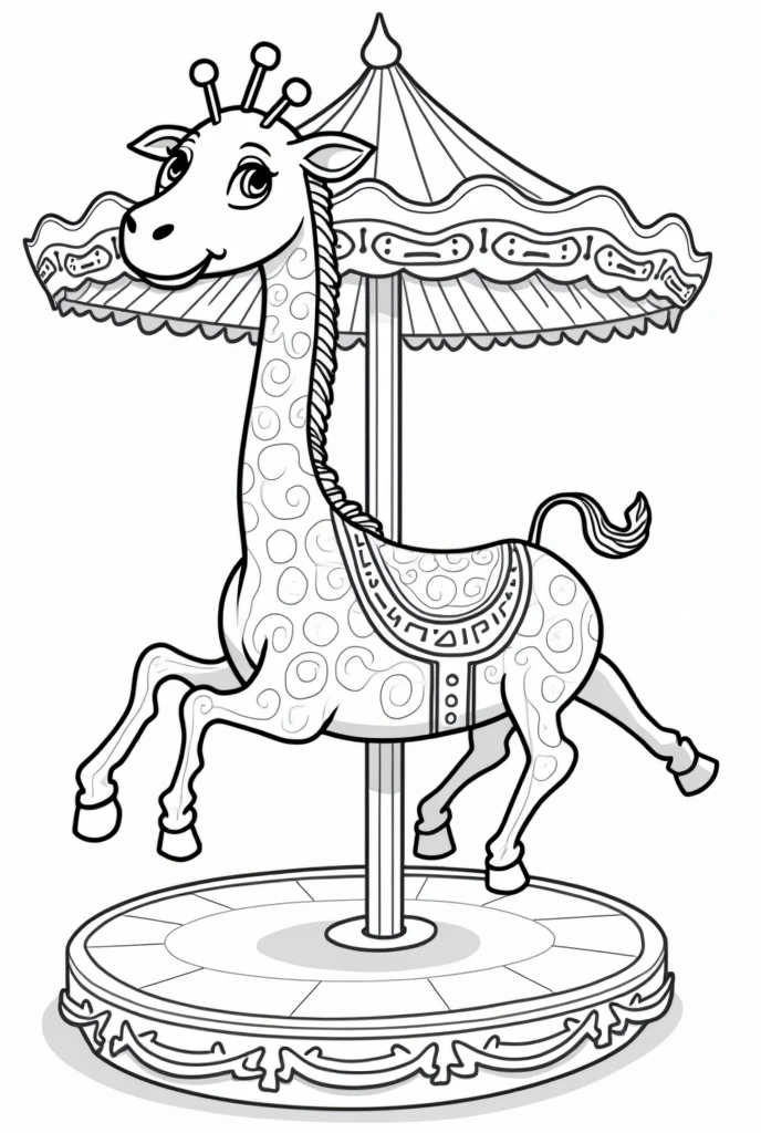 Line art for a coloring book of a Giraffe on a Merry-Go-Round