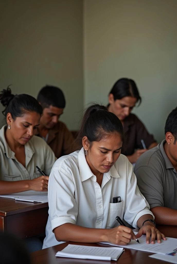 6 poor people real photo image filling out form adults 30 years old in a room boys and girls shirts of different colors white and brown people from Brazil