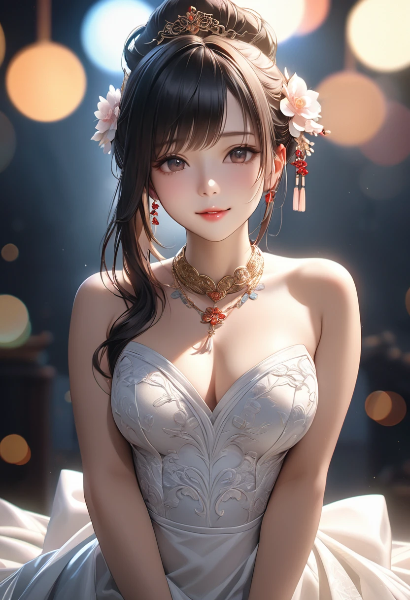 最high quality, masterpiece, High resolution, One person,chinese wedding dress,hair ornaments,necklace, jewelry,Beautiful Face,On top of that_body, Tyndall effect,Realistic, Dark studio, Rim Light, Two-tone lighting,(Skin with attention to detail:1.2), 8k uhd, Digital SLR, Soft lighting, high quality, Volumetric lighting, Frank, photograph, High resolution, 4K, 8k, Bokeh