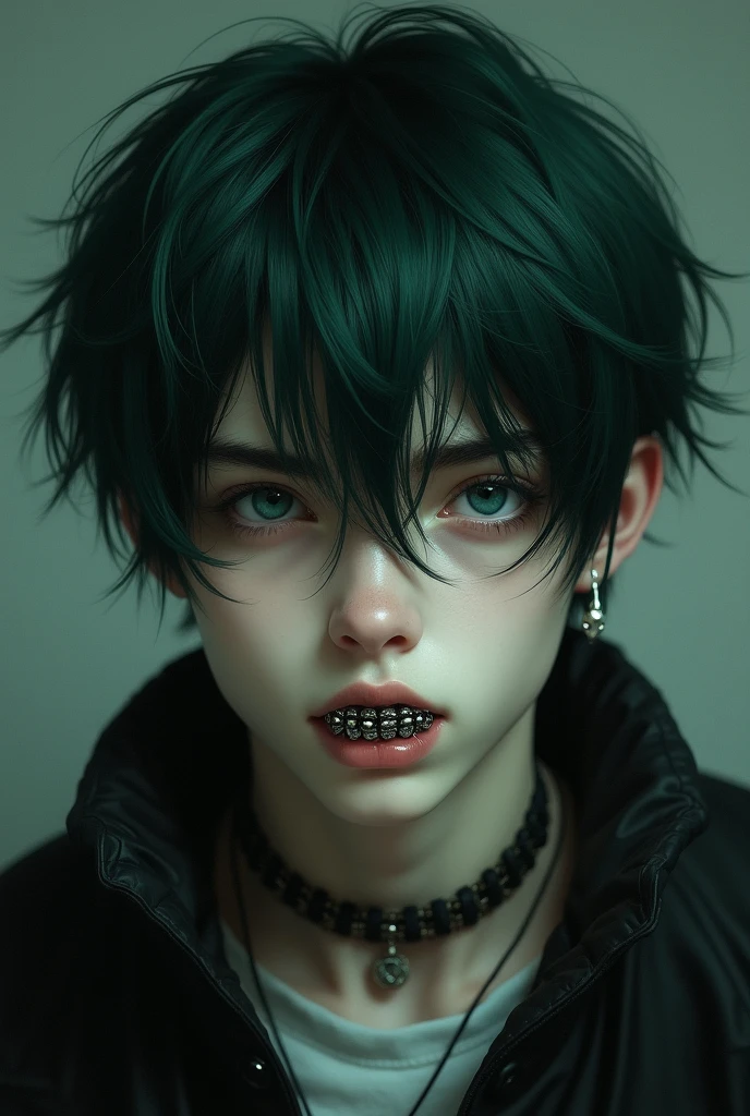 male, pale skin, dark green emo hair, dark blue eyes, button nose, braces