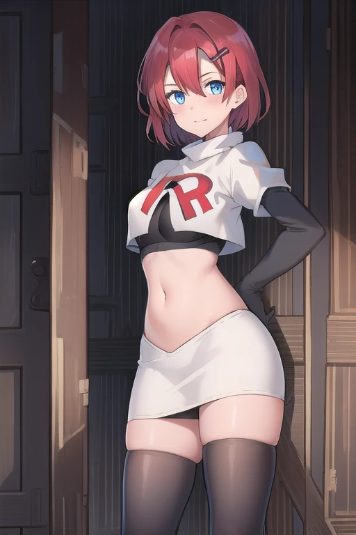 best quality, (masterpiece:1.2), illustration, absurdres, (1girl, solo, beautiful detailed girl),
Emily, short hair, red hair, hair ornament, hairclip, blue eyes, medium breasts,
garrison cap, team rocket,team rocket uniform,white skirt,red letter R,crop top,black thigh-highs,black elbow gloves,
field, sky, clouds, distant mountains,
looking at viewer, 