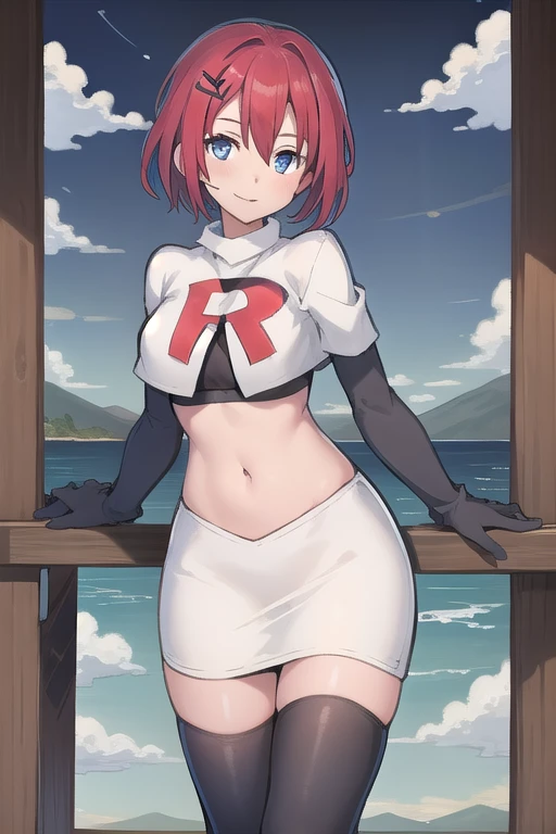 best quality, (masterpiece:1.2), illustration, absurdres, (1girl, solo, beautiful detailed girl),
Emily, short hair, red hair, hair ornament, hairclip, blue eyes, medium breasts,
garrison cap, team rocket,team rocket uniform,white skirt,red letter R,crop top,black thigh-highs,black elbow gloves,
field, sky, clouds, distant mountains,
looking at viewer, 