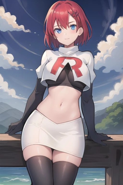 best quality, (masterpiece:1.2), illustration, absurdres, (1girl, solo, beautiful detailed girl),
Emily, short hair, red hair, hair ornament, hairclip, blue eyes, medium breasts,
garrison cap, team rocket,team rocket uniform,white skirt,red letter R,crop top,black thigh-highs,black elbow gloves,
field, sky, clouds, distant mountains,
looking at viewer, 