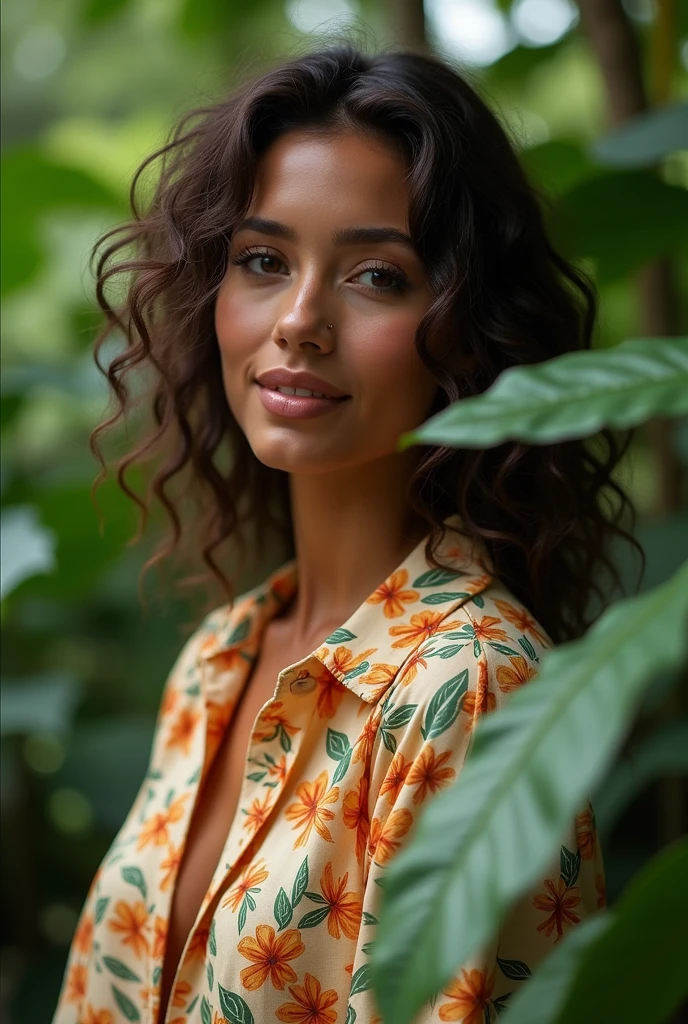 A Brazilian woman in a lush tropical garden, wearing an open shirt with a floral print, with a close-up capturing the harmonious beauty between her breasts and the natural flowers, showing off your natural charm and outgoing personality.