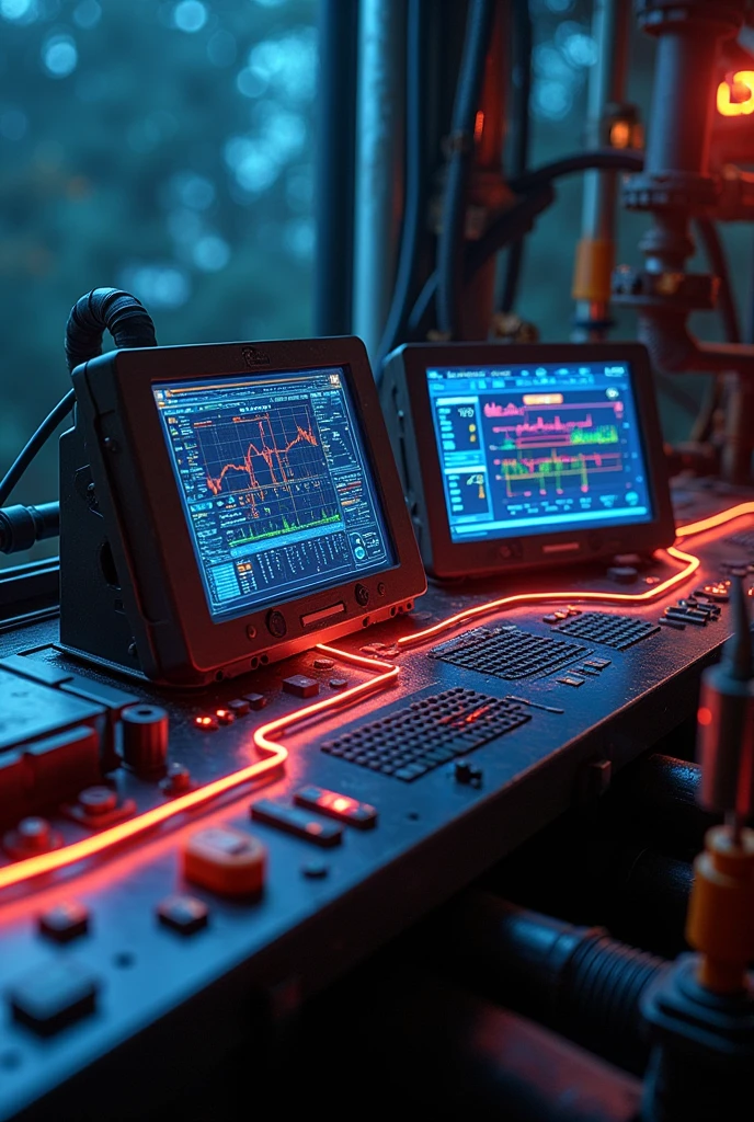 Use a visual effect (like luminous lines) to represent how the signal travels from the console to the accumulator shut-off unit on a BOP console in oil well drilling
