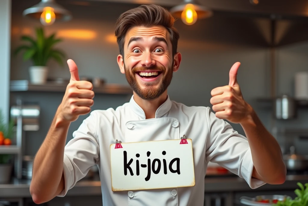 realistic image of a smiling chef making the thumbs up sign and holding a sign with the inscription "Ki-Joia" In the other hand