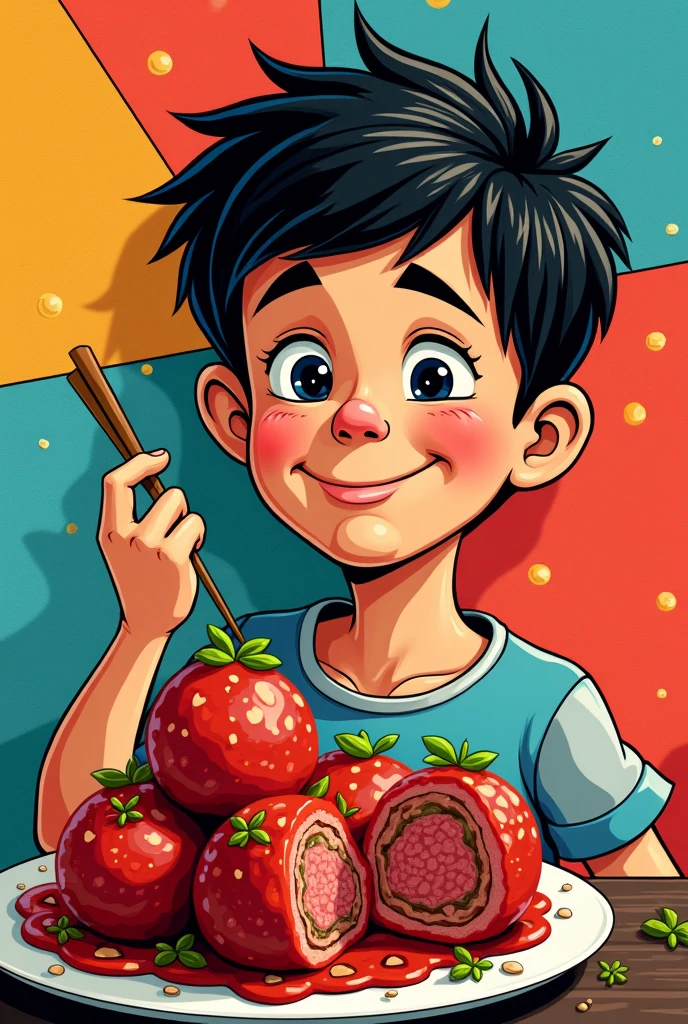 Pop art style artwork with a boy and three-section meatballs.